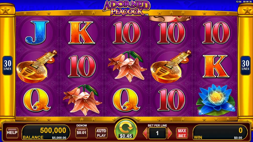 Base game spin showing colorful reels on Adorned Peacock online slot