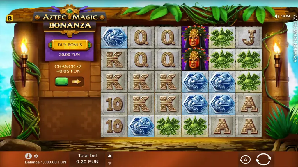 Base game spin in Aztec Magic Bonanza showcasing Aztec-themed symbols and matching paylines.