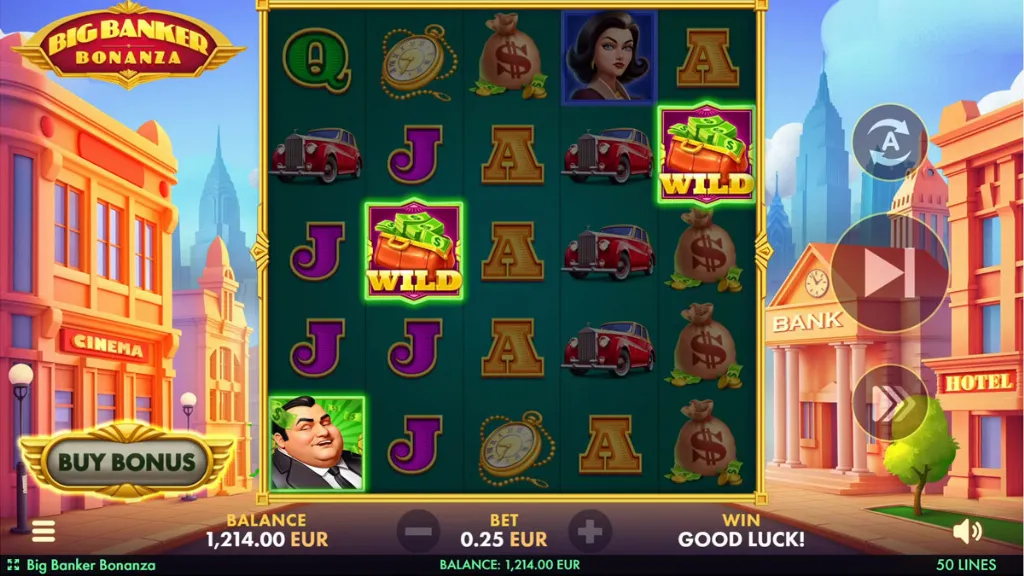 Big Banker Bonanza slot game reels with money bag wild symbols and a city street background.