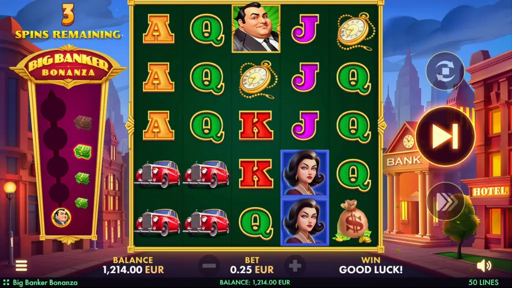 Big Banker Bonanza slot free spins round with character symbols, cars, and luxury-themed icons.