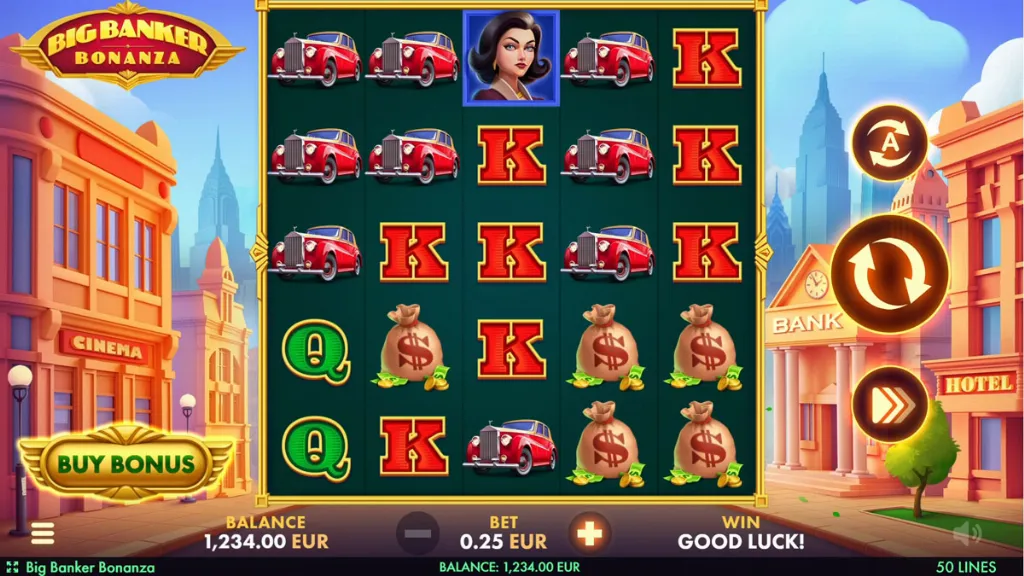Big Banker Bonanza slot reels showing red car, money bags, and high-value symbols in regular play.