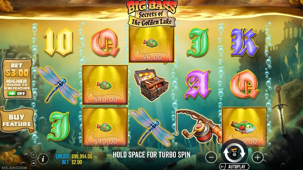 Golden underwater Big Bass Secrets of the Golden Lake slot with fish symbols and treasure chests.