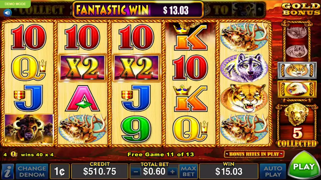 The Buffalo Gold Collection slot game shows a big win moment with highlighted multipliers and flashing celebratory effects.