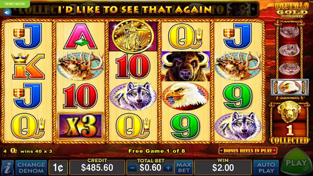 The Buffalo Gold Collection slot game runs its bonus round with free spins and gold buffalo icons collecting on the meter.