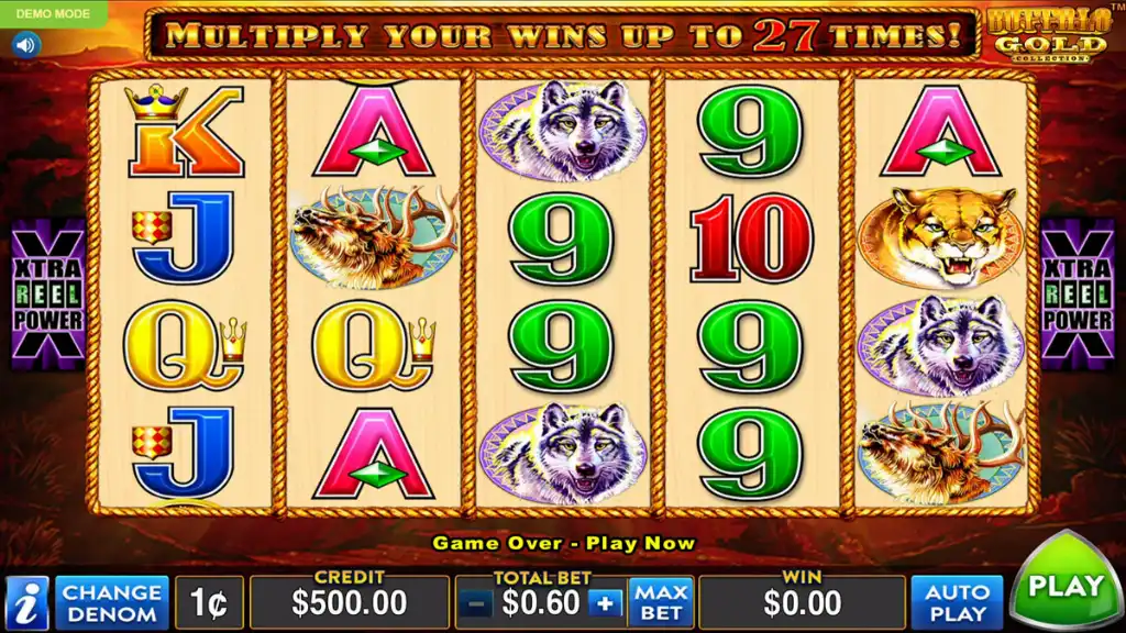 The Buffalo Gold Collection slot game displays its base reels with wild animal symbols during standard spins.
