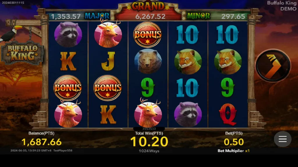 Slot machine screen from Buffalo King showing three "BONUS" scatter symbols on the reels, with other animal and card symbols. The top shows GRAND, MAJOR, and MINOR jackpot values. The player’s balance is 1,687.66, stake 0.50, and total win 10.20.