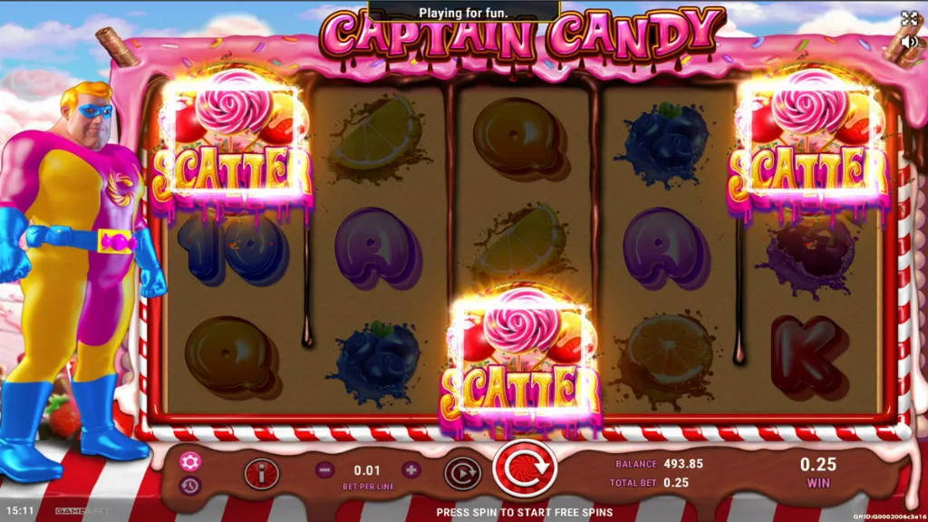 Captain Candy slot reels triggering bonus round with three scatter candy symbols highlighted.