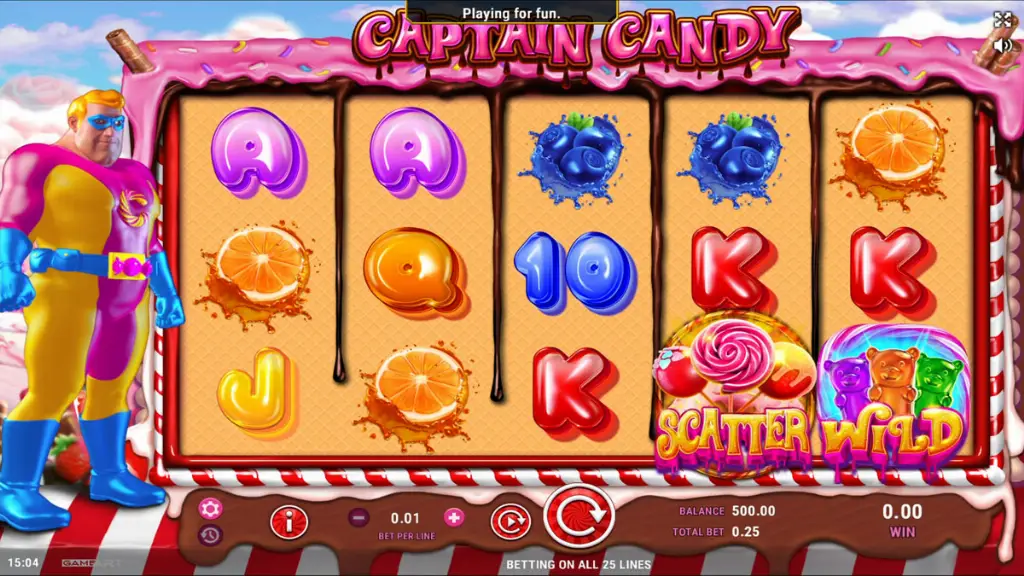 Captain Candy slot base game with colorful candy symbols like lollipops, jellies, and chocolate on neon reels.