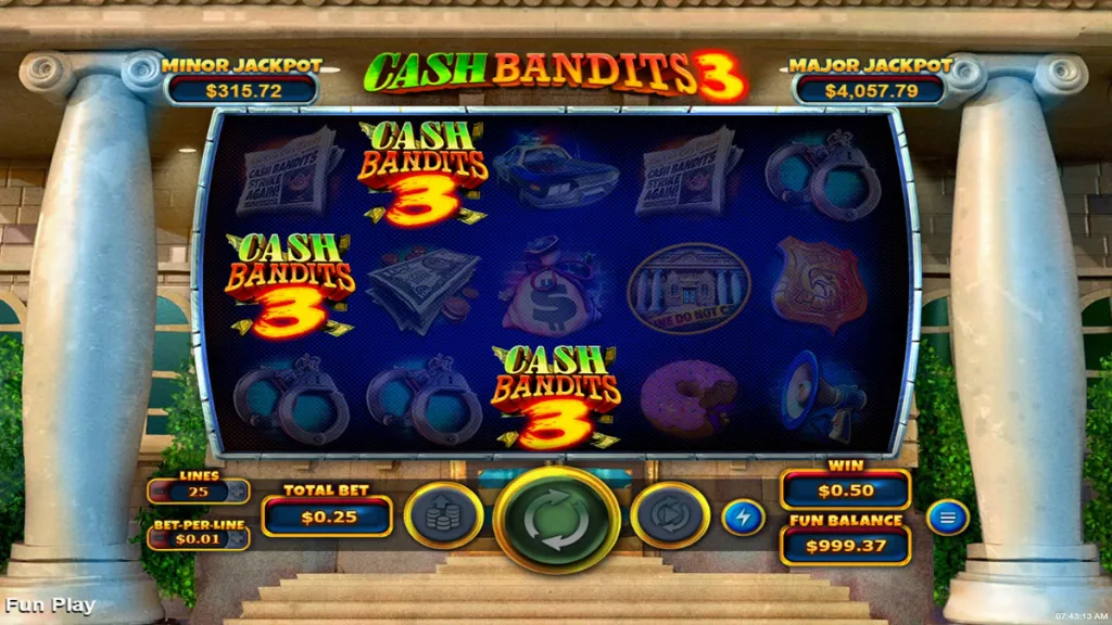Cash Bandits 3 slot bonus feature triggered on screen with three bonus symbols aligned