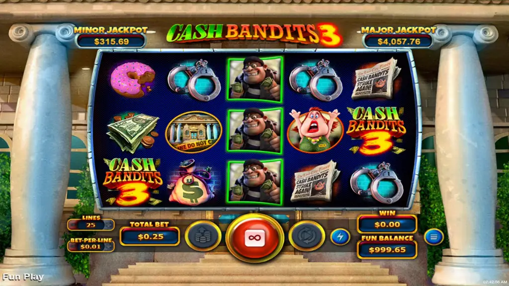 Cash Bandits 3 slot base game showing various symbols like bandits, handcuffs, and newspapers