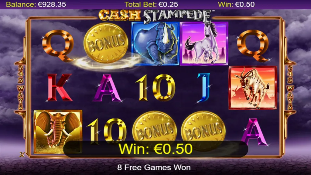 Cash Stampede slot reels triggering free spins with three gold bonus coin symbols, featuring rhinos, horses, elephants, and antelopes.