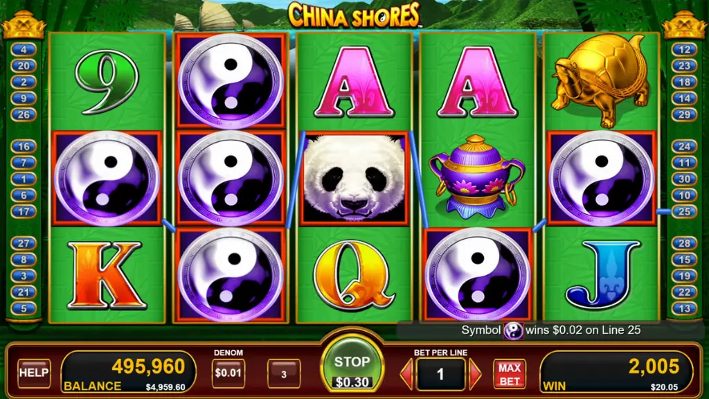 The China Shores slot game highlights a big win moment with bright effects and a high payout display.