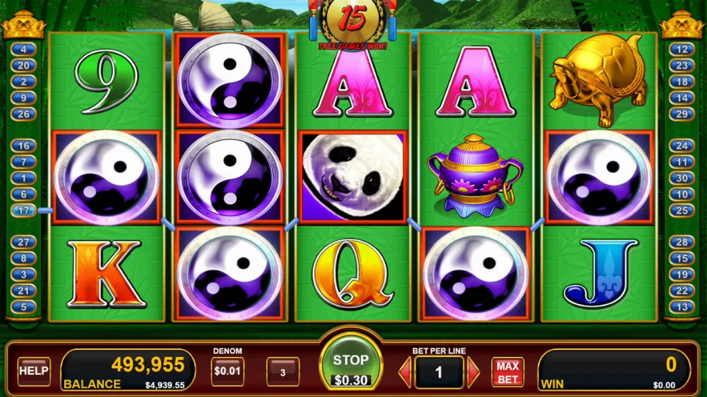 The China Shores slot game reveals yin-yang bonus symbols landing to trigger the free games feature.