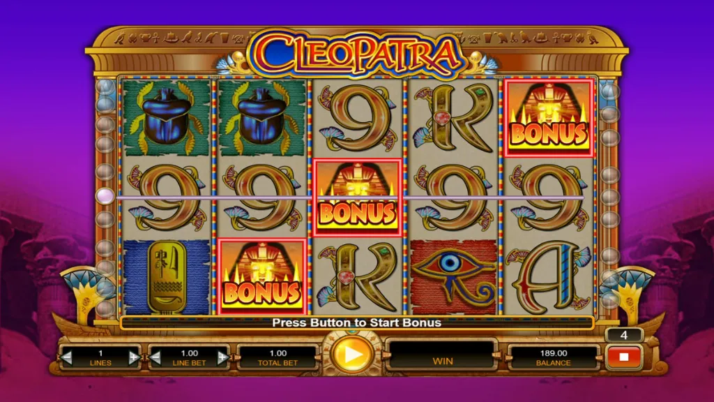 Bonus feature triggered on the Cleopatra slot with three bonus symbols visible on the reels.