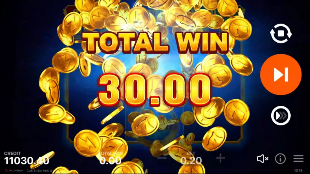 Big win screen from Coin Strike Hold and Win slot showing a total win of 30.00 with golden coins flying across the screen.