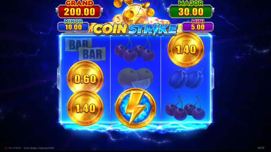 Coin Strike Hold and Win slot reels showing large gold coins with values like 0.60 and 1.40, and a lightning coin triggering the bonus feature. Jackpot amounts for Grand, Major, Minor, and Mini are displayed at the top.