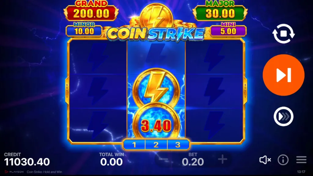 Coin Strike Hold and Win slot bonus round in progress with a lightning coin showing 3.40 value in the center and empty positions around it. Jackpot values appear at the top of the screen.