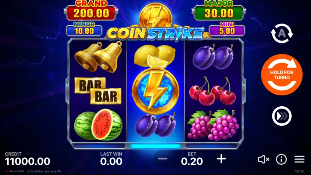 Coin Strike Hold and Win slot base game featuring classic fruit symbols like cherries, grapes, lemons, plums, watermelon, along with BAR and bell icons on the reels. A lightning coin symbol is in the center.