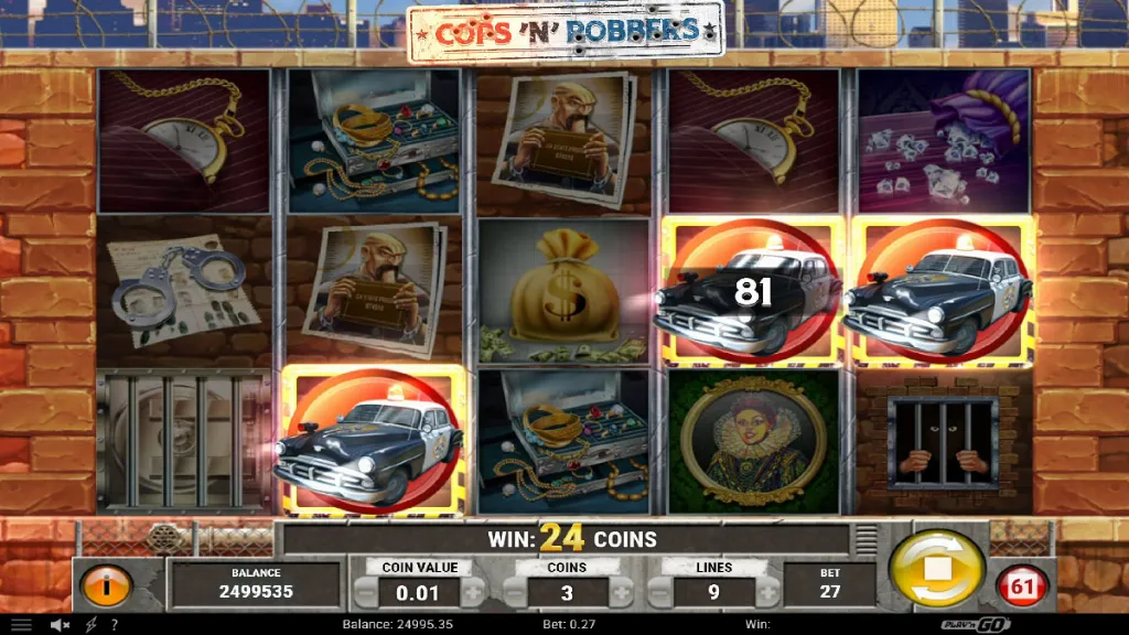Cops ’n’ Robbers slot reels showing police cars triggering the car chase bonus feature with symbols including loot, mugshot, and jewels.