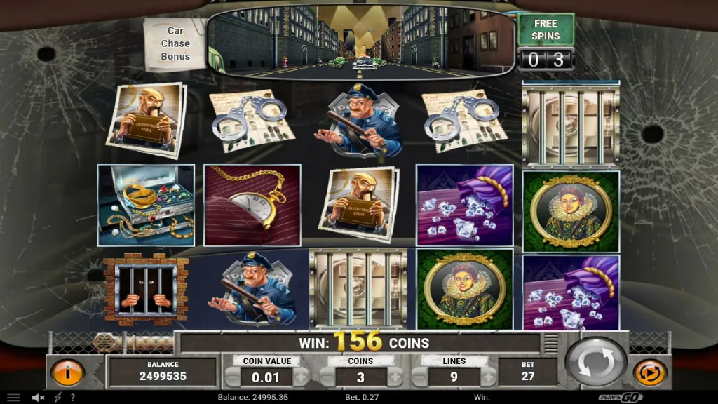 Cops ’n’ Robbers slot bonus round car chase scene with police officer, handcuffs, jewels, and paintings landing across reels.