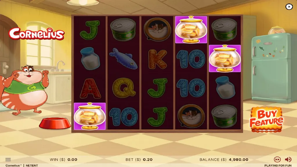 Cornelius slot reels showing scatter jars of cat treats landing to trigger the bonus feature.