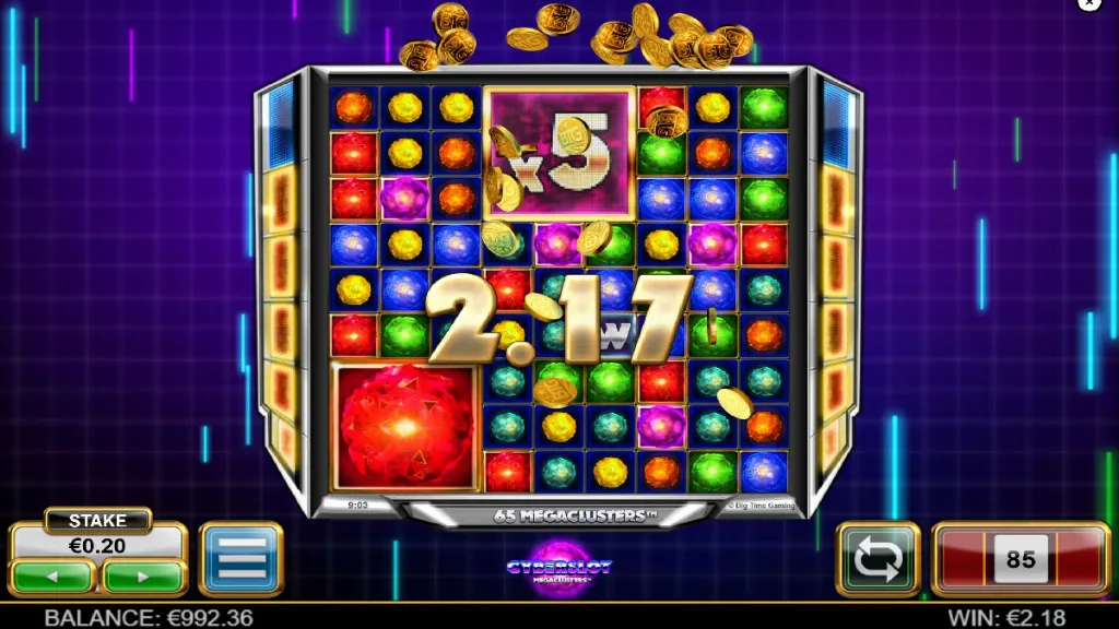 Cyberslot Megaclusters slot Big Win screen showing 2.17 payout with glowing gems and coins flying across a neon grid.