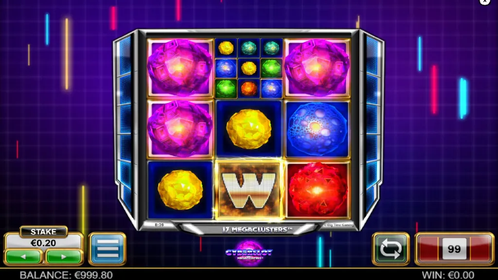 Cyberslot Megaclusters base game with colorful futuristic orb symbols and a digital grid background.