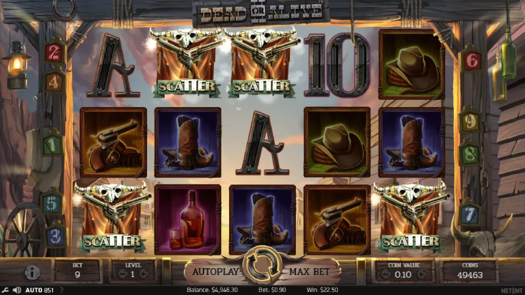 Dead or Alive II slot bonus trigger with multiple scatter symbols activating free spins feature.