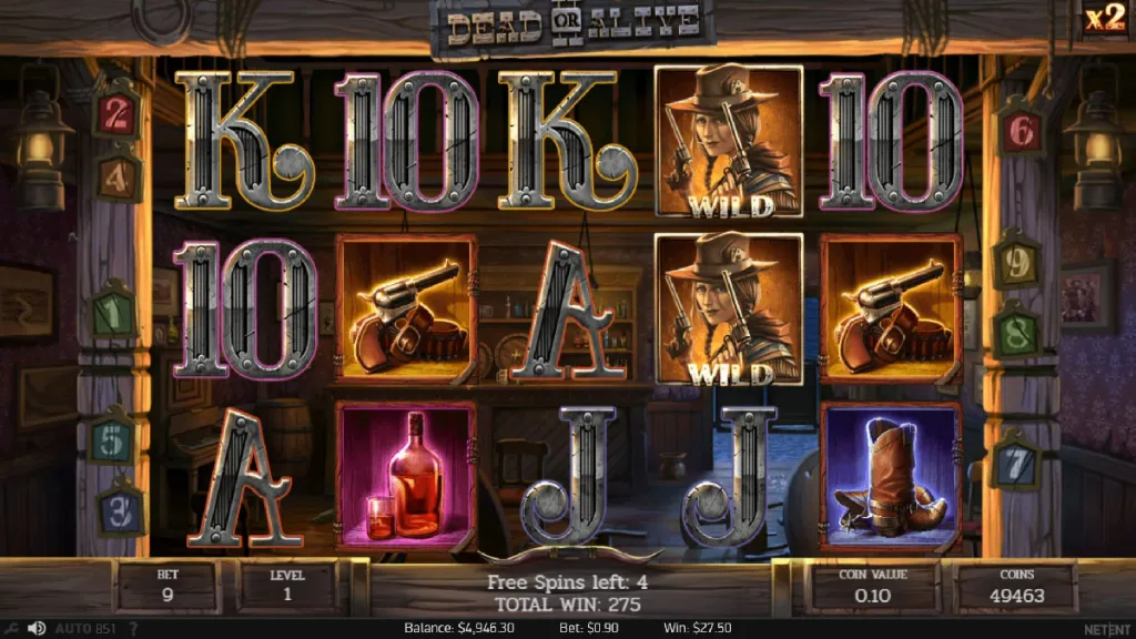 Dead or Alive II slot bonus round with wild outlaw symbols and free spins counter.