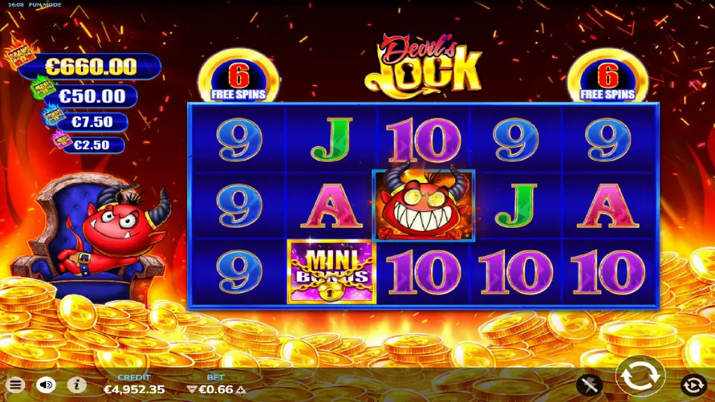 Devil’s Lock slot bonus feature triggered with free spins and devil wild symbol
