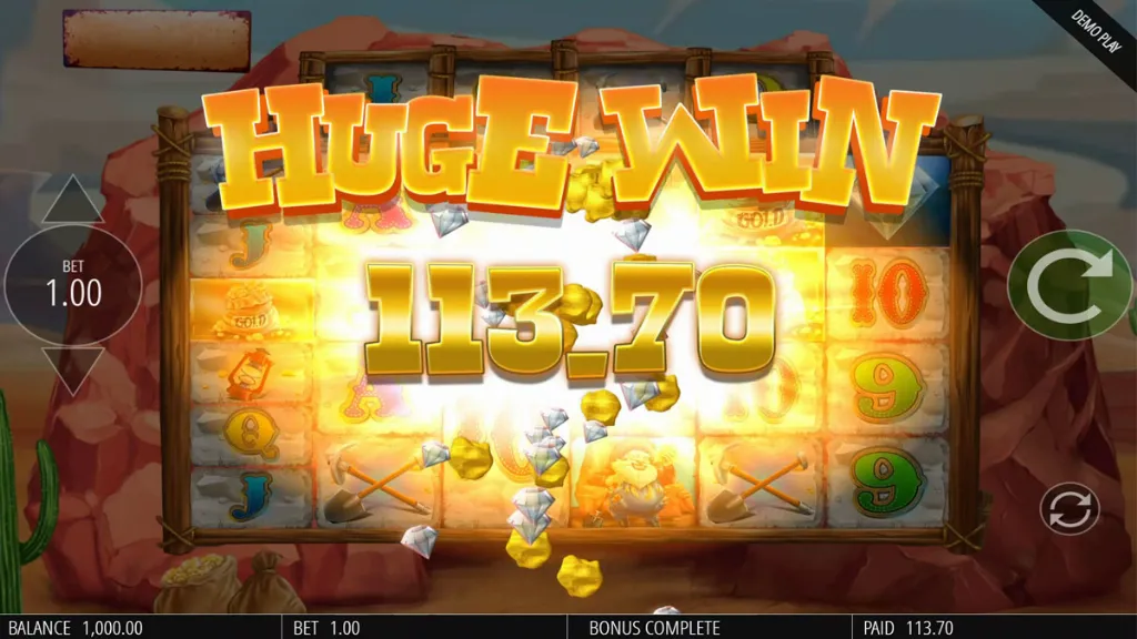 Diamond Mine Megaways slot screen showing a Huge Win of 113.70. Bright golden text and coins explode across the screen as diamonds, miners, and shovels are faintly visible in the background.