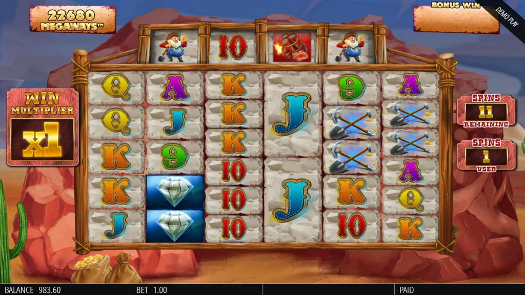 Screenshot of the Diamond Mine Megaways slot during a bonus round with 22,680 Megaways active. Symbols like diamonds, shovels, and playing card values appear on the reels. The left shows a win multiplier of x1, while the right indicates 11 spins remaining and 1 spin used.