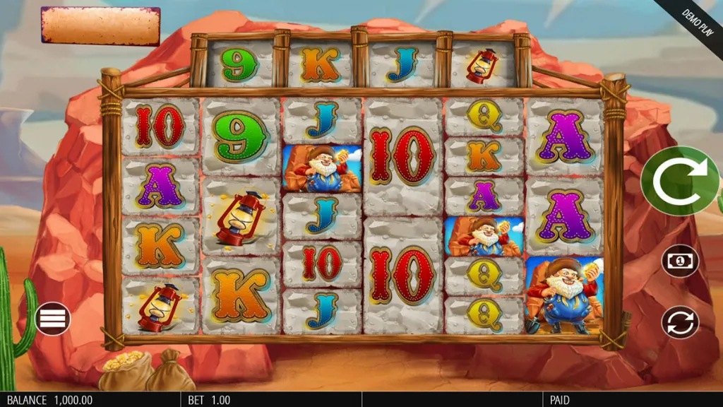 Screenshot of normal gameplay in Diamond Mine Megaways. The reels show miner characters, lanterns, and card symbols like A, K, Q, J, 9, and 10. A balance of 1,000.00 and bet of 1.00 are displayed at the bottom.
