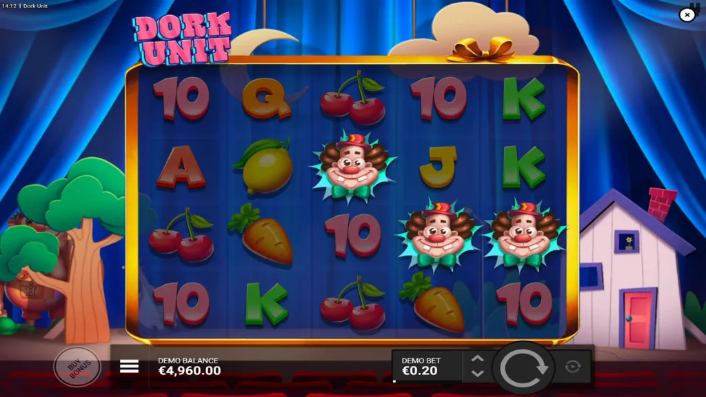 Dork Unit slot screen showing three Dork clown symbols that trigger the free spins bonus feature.