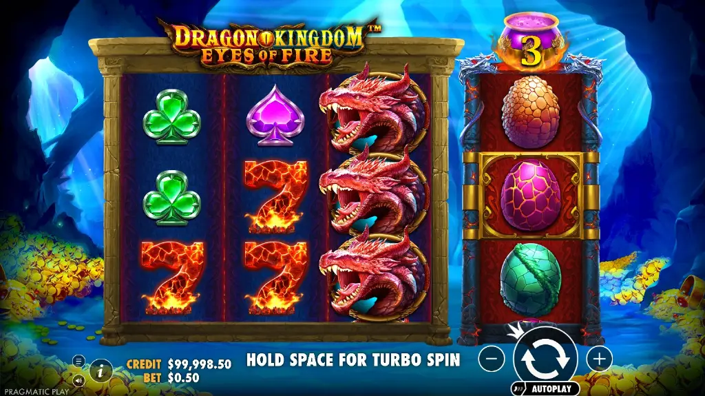 Dragon Kingdom Eyes of Fire slot featuring dragon symbols, fiery sevens, and colorful dragon eggs in a fantasy cave setting.