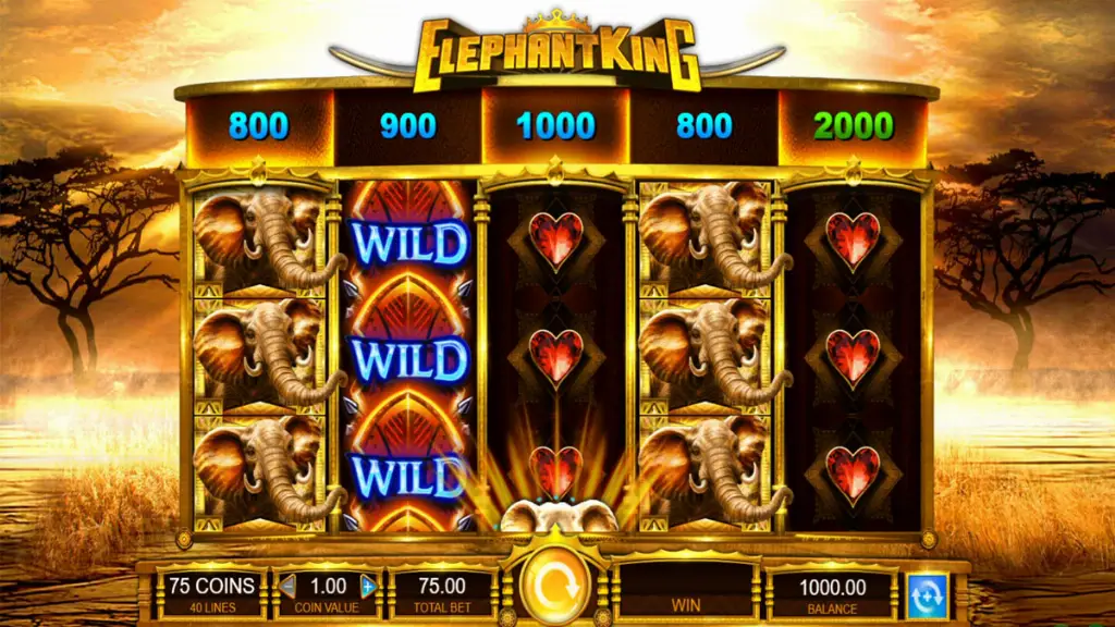 Elephant King slot reels with elephants, heart symbols, and stacked wilds against an African savanna backdrop.