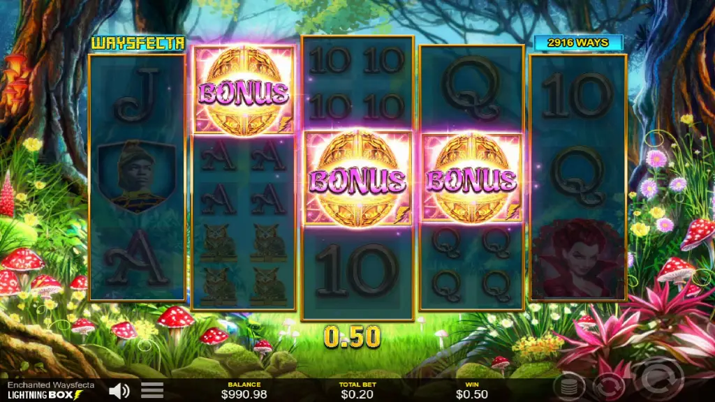 Three bonus symbols landing to trigger the free spins feature on Enchanted Waysfecta slot.