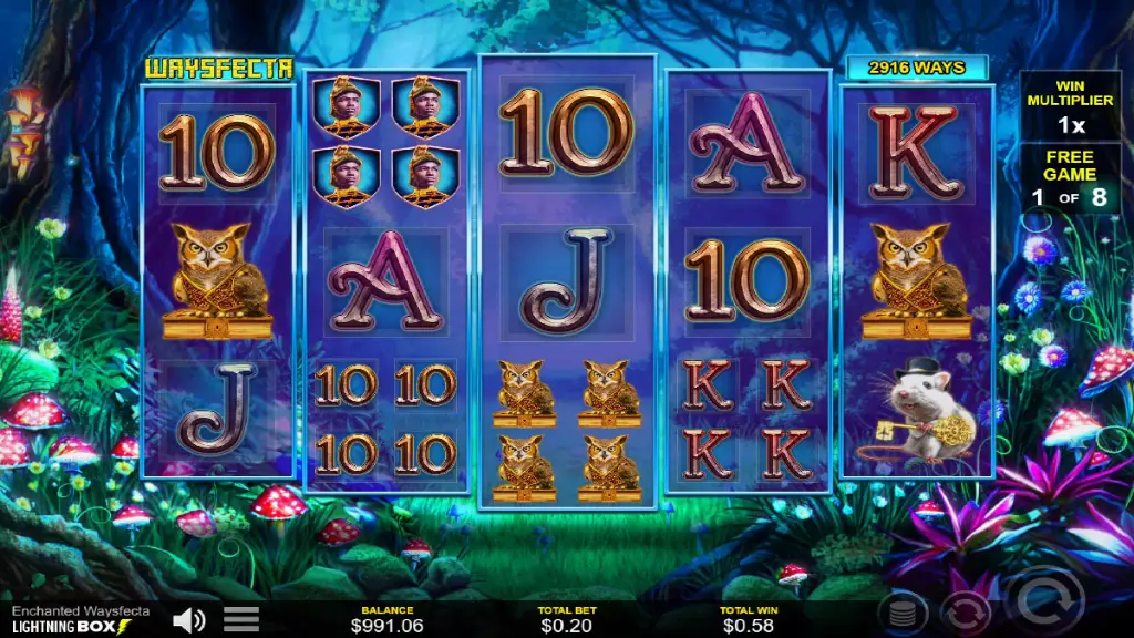 Free spins round in progress with owl and mouse symbols on Enchanted Waysfecta slot.