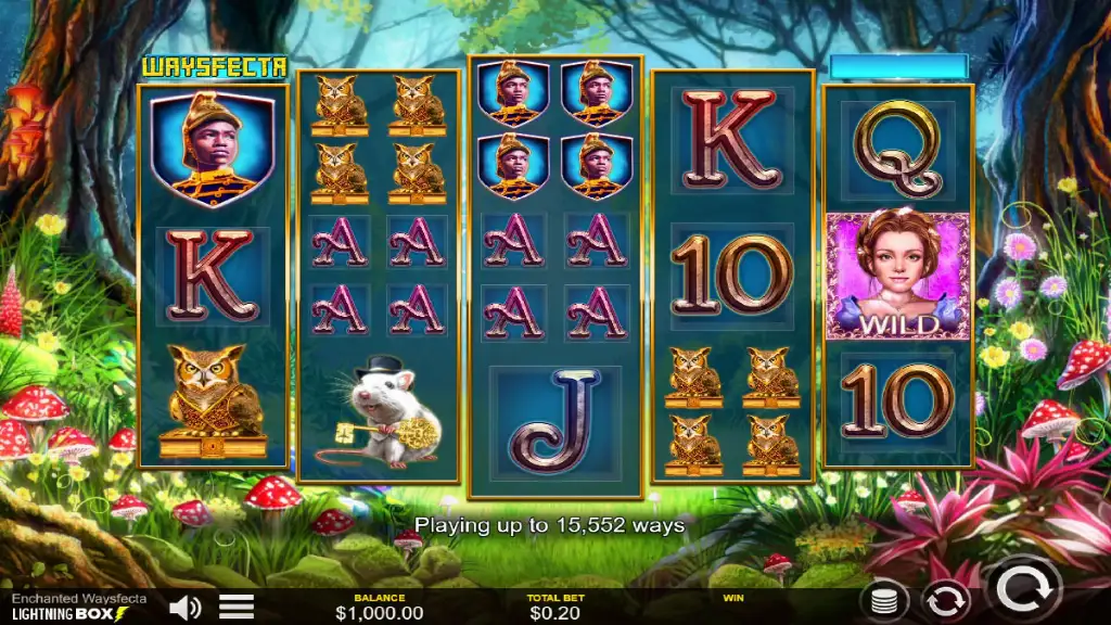 Base game screen with owl, mouse, and wild symbols on Enchanted Waysfecta slot.