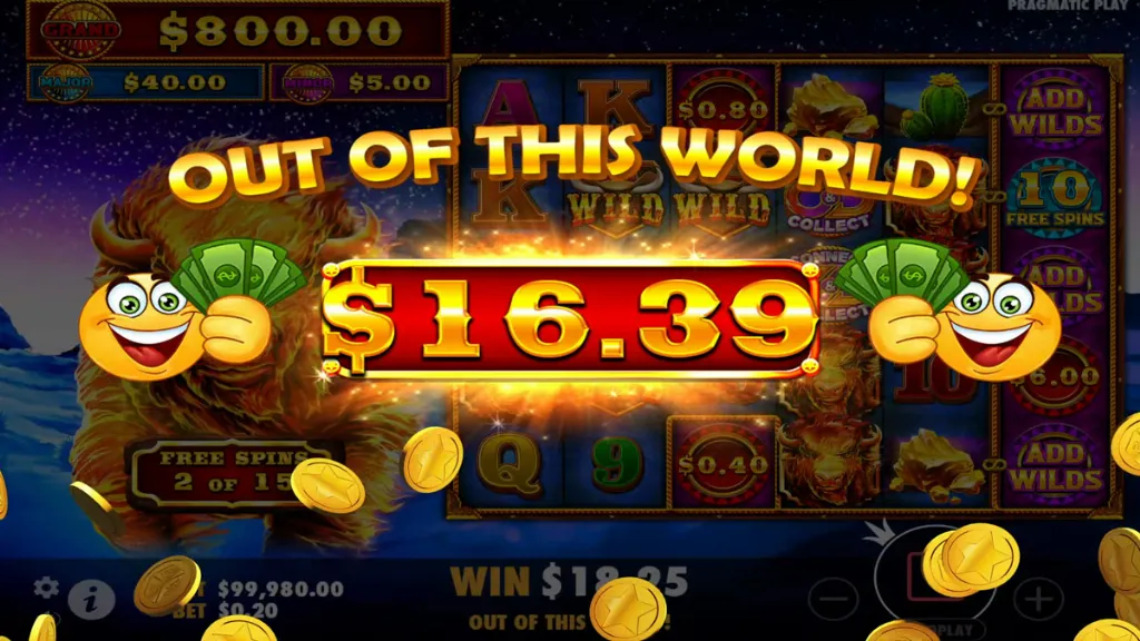 Fire Stampede slot big win screen showing $16.39 payout with coins and celebration graphics during free spins.