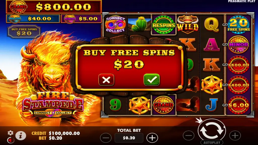 Fire Stampede slot bonus buy feature showing $20 free spins option with buffalo artwork and reels in the background.