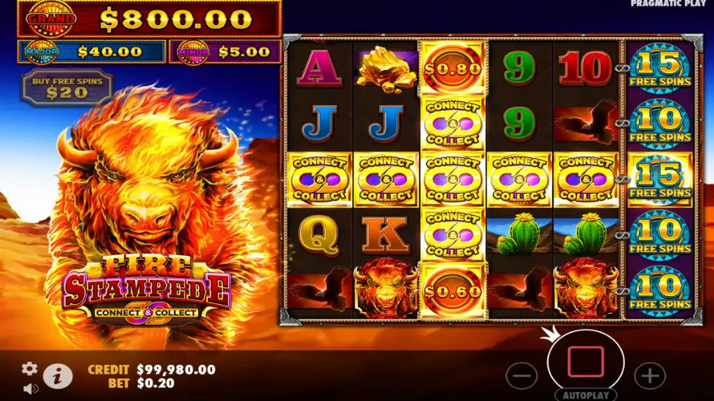 Fire Stampede slot reels with Connect & Collect symbols landing to trigger free spins feature, highlighted on screen.
