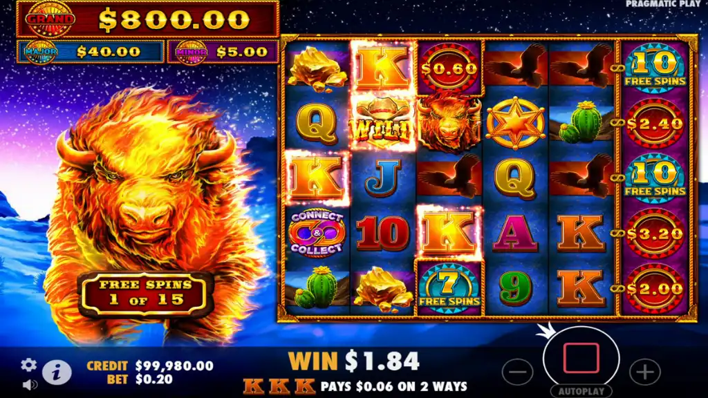Fire Stampede slot free spins round in progress with Connect & Collect symbols and buffalo wilds on the reels.