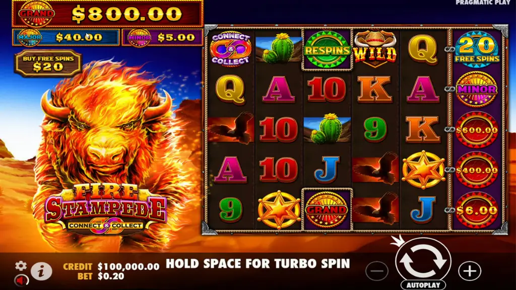 Fire Stampede slot base game showing reels with buffalo, cactus, and wild symbols under bright desert design.