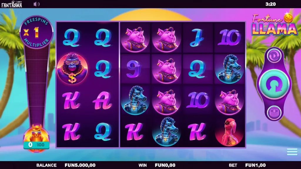 Fortune Llama slot game screen featuring colorful animal symbols and neon-style graphics on a tropical sunset background