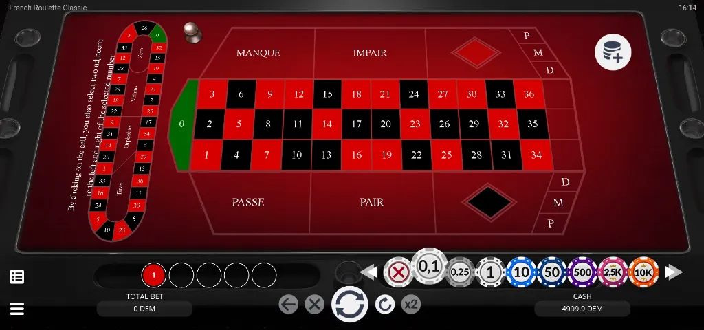 French Roulette table layout with red and black numbered pockets, betting chips, and wheel track on the side.