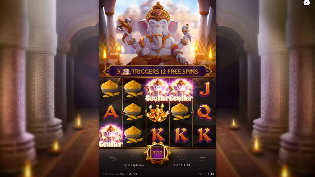 Ganesha Gold slot triggering 12 free spins with three scatter symbols featuring Lord Ganesha.