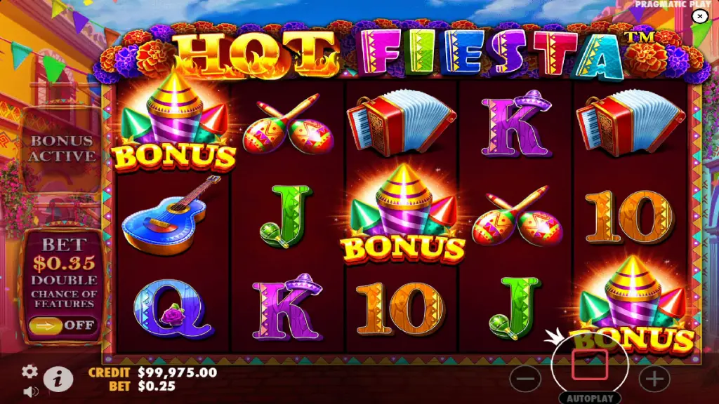 Hot Fiesta slot reels with piñata bonus symbols landing to trigger the free spins feature.