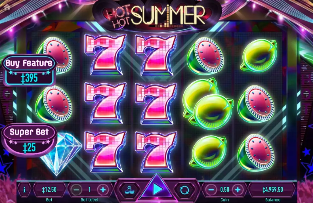 Hot Hot Summer slot featuring neon fruit symbols, sevens, and diamonds on a vibrant retro-style grid with feature buy and super bet options.