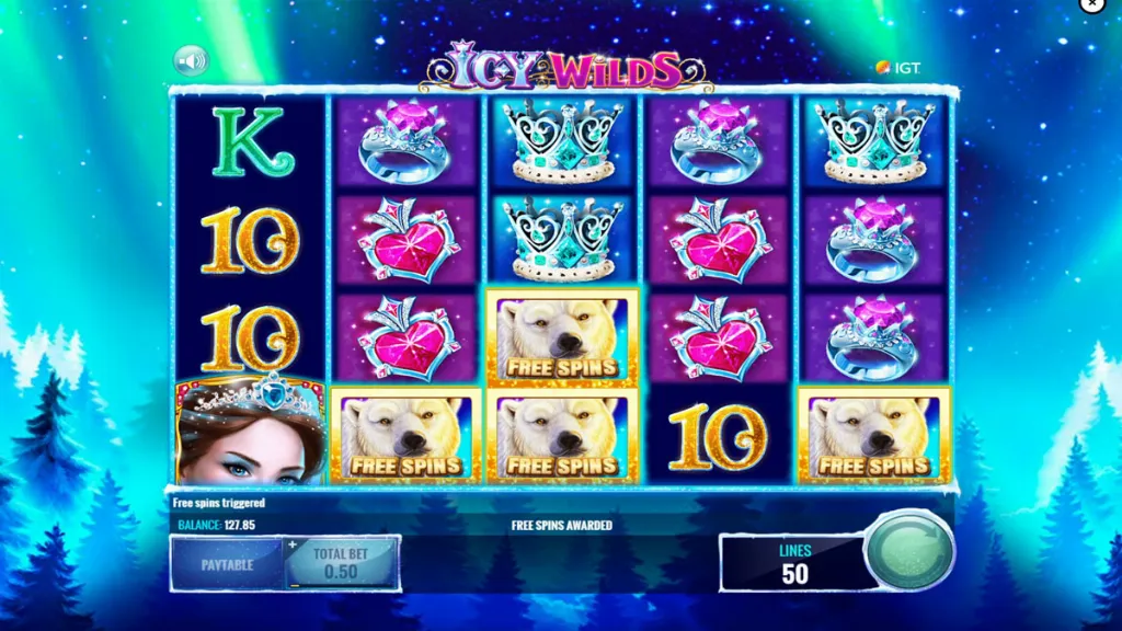 Icy Wilds slot reels with multiple polar bear free spins symbols triggering the bonus feature.
